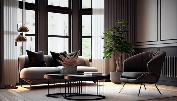 Modern stylish interior design with armchair sofa furniture in living room at home, lifestyle living room design, empty nobody, 3D render illustration by Generative AI