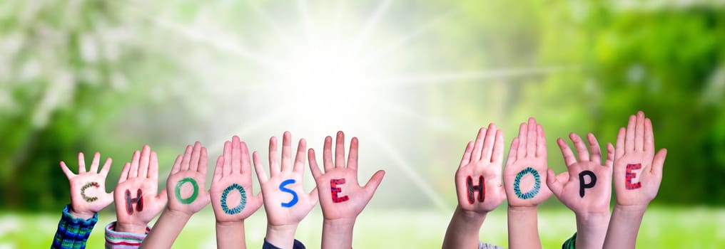 Children Hands Building Colorful English Word Choose Hope. Sunny Green Grass Meadow As Background.