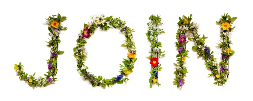 Blooming Flower Letters Building English Word Join. Colorful Spring and Summer Blossoms. White Isolated Background.