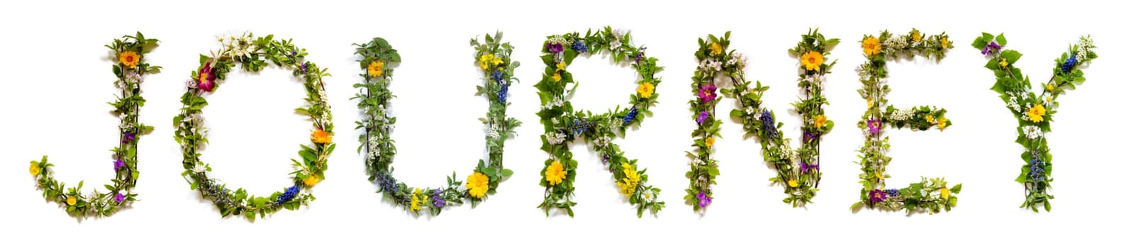 Blooming Flower Letters Building English Word Journey. Colorful Spring and Summer Blossoms. White Isolated Background.