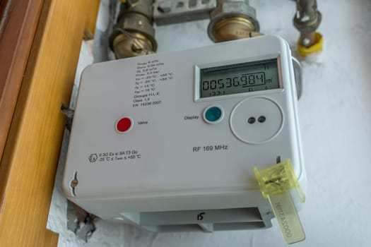 Home electronic gas consumption meter. Close up.
