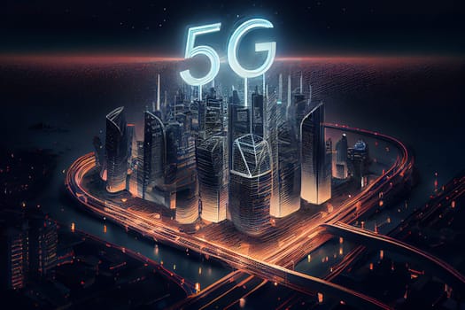 Smart cityscape skyline and communication 5G network online, night internet of things, Generative AI