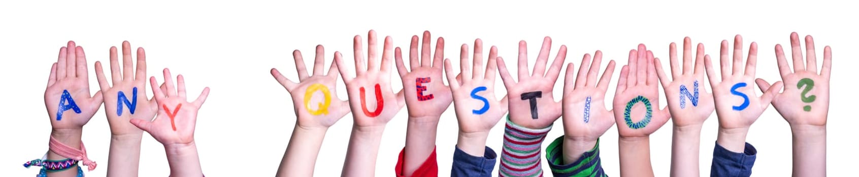Children Hands Building Colorful English Word Any Questions. Isolated White Background.