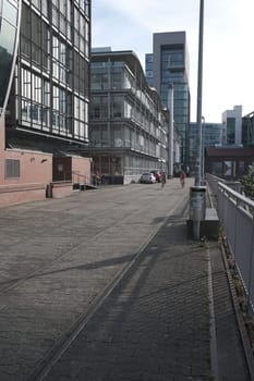 View of the old department stores at the dock of the media harbor in Duesseldorf, Germany