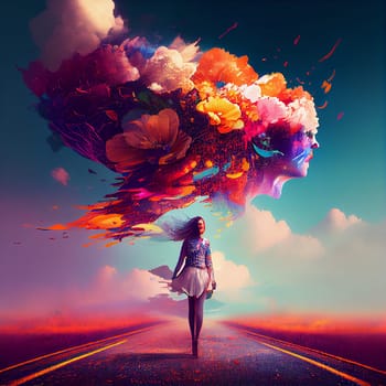 Woman connected to a huge colorful cloud with flowers, positive optimistic attitude, hope and emotion concept, generative AI