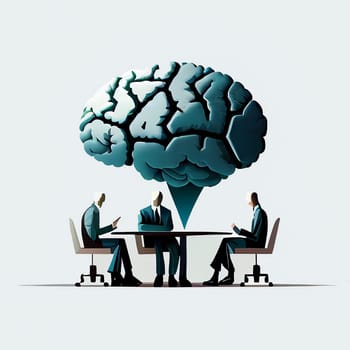 Meeting of businessmen on a round table with a brain tree, brainstorming for ideas and solution, teamwork in business, generative AI