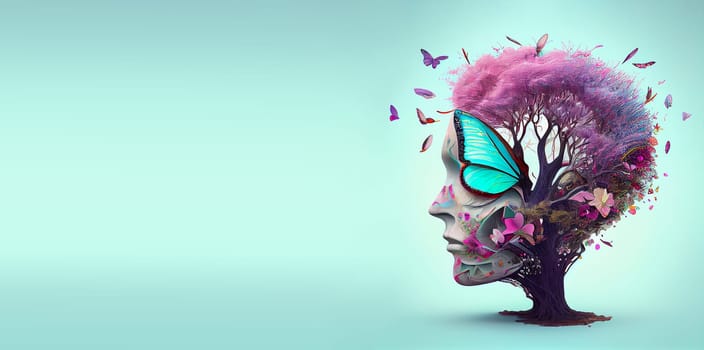 Human brain with flowers and butterflies, self care and mental health concept, positive thinking, creative mind, generative AI