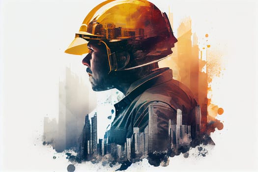 Construction worker, building engineer or architect wearing a helmet, double exposure with cityscape, planning houses and infrastructure, generative AI