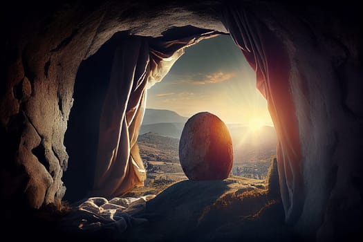 Resurrection of Jesus Christ, empty grave tomb with shroud, bible story of Easter, crucifixion at sunrise, generative AI