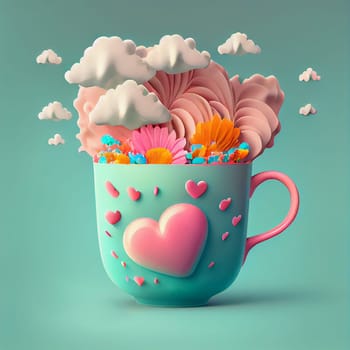 Mug with flowers and hearts, creative positive thinking, self care, hope and support concept, generative AI