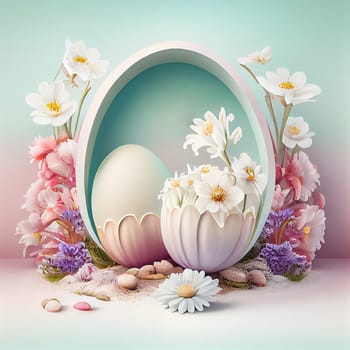 Podium platform and greeting card, easter holiday in spring, pastel colored eggs and flowers, generative AI