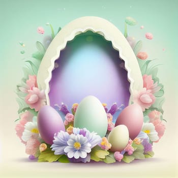 Podium platform and greeting card, easter holiday in spring, pastel colored eggs and flowers, generative AI
