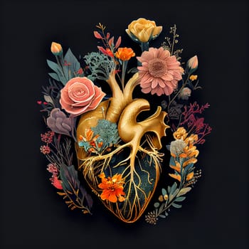 Human heart with flowers, love and emotion concept, good hearted person, help and charity, generative AI