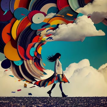 Woman connected to a huge colorful cloud with discs, positive optimistic attitude, hope and emotion concept, generative AI
