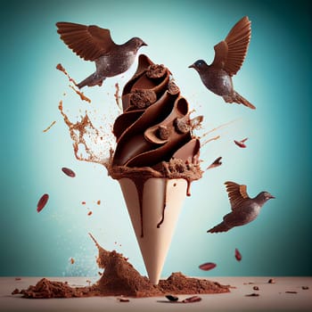 Chocolate ice cream in a waffle cone with birds flying and splashes, sweet food in the summer, generative AI