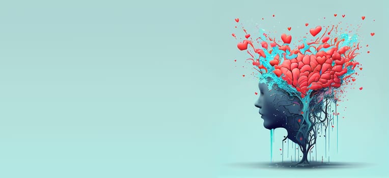 Brain with heart splash, love and passion, self esteem and mental health care concept, positive thinking, creative mind, generative AI