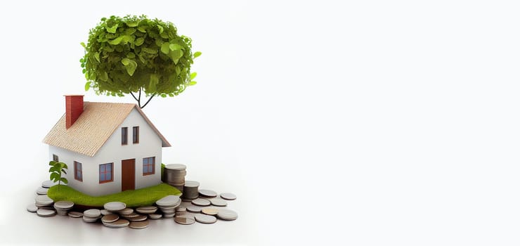 House with garden and Cent coins, planning to buy, build or rent a new home, real estate and insurance concept, bank loan for property, generative AI