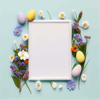 Easter holiday background, colorful eggs and flowers, blank paper, greeting card, spring season, generative AI