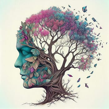 Human brain tree with flowers, self care and mental health concept, positive thinking, creative mind, generative AI