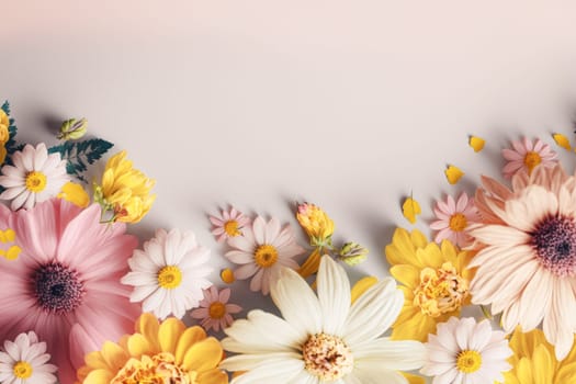 A spring background with pastel-coloured flowers is a natural work of art that showcases the beauty and joy of the season. The soft colour palette, from pale pink to light yellow, creates a sense of calm and serenity in any space. The delicate and elegant flowers add a touch of elegance and sophistication to the background, while the overall ambience is fresh and vibrant. This background is perfect for adding a touch of spring to any design project, whether it's for an advertisement, a website, or to decorate a bedroom.