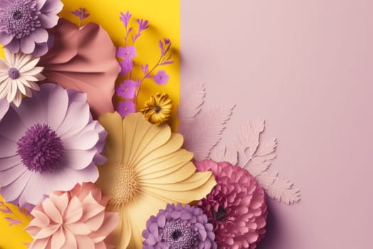 A spring background with pastel-coloured flowers is a natural work of art that showcases the beauty and joy of the season. The soft colour palette, from pale pink to light yellow, creates a sense of calm and serenity in any space. The delicate and elegant flowers add a touch of elegance and sophistication to the background, while the overall ambience is fresh and vibrant. This background is perfect for adding a touch of spring to any design project, whether it's for an advertisement, a website, or to decorate a bedroom.