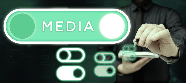 Writing displaying text Media, Word Written on the main means of mass communication that are regarded collectively
