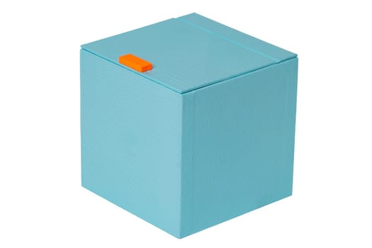Gift box isolated. Closed blue cardboard box or kraft paper box with magnetic closure. Clipping path. Birthday, Valentine's Day, anniversary or other holiday.
