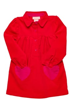 Summer dress isolated. A beautiful red girl's dress with attached heart shaped pockets and long sleeves isolated on white. Kids spring and autumn fashion.