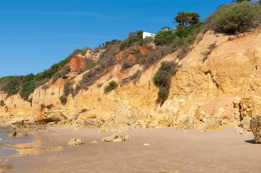Maria Luisa beach with rock formation in Albufeira, Algarve, Portugal.................................................................