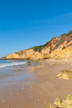 Maria Luisa beach with rock formation in Albufeira, Algarve, Portugal.........
