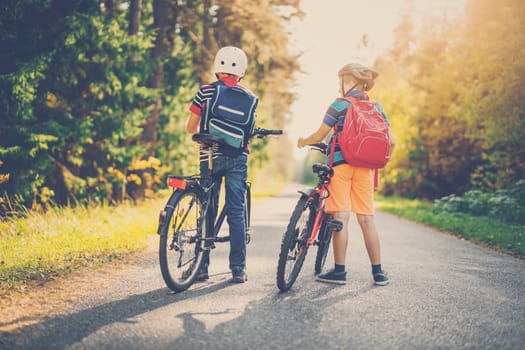 Cute children riding on bicycles on asphalt road in summer. Concept of hiking, back to school and friendship.