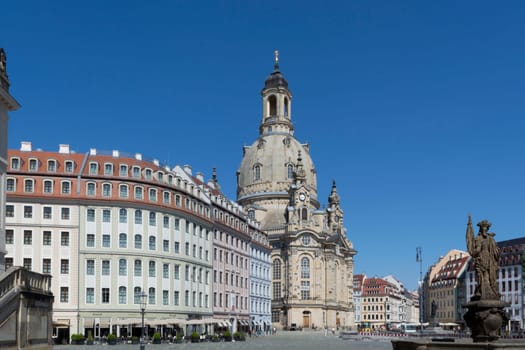 DRESDEN,  GERMANY - JUNI 17, 2021:.Dresden, Germany - Juni 14, 2021:.Dresden cityscape with cathedral, and Elbe river, Saxony, Germany