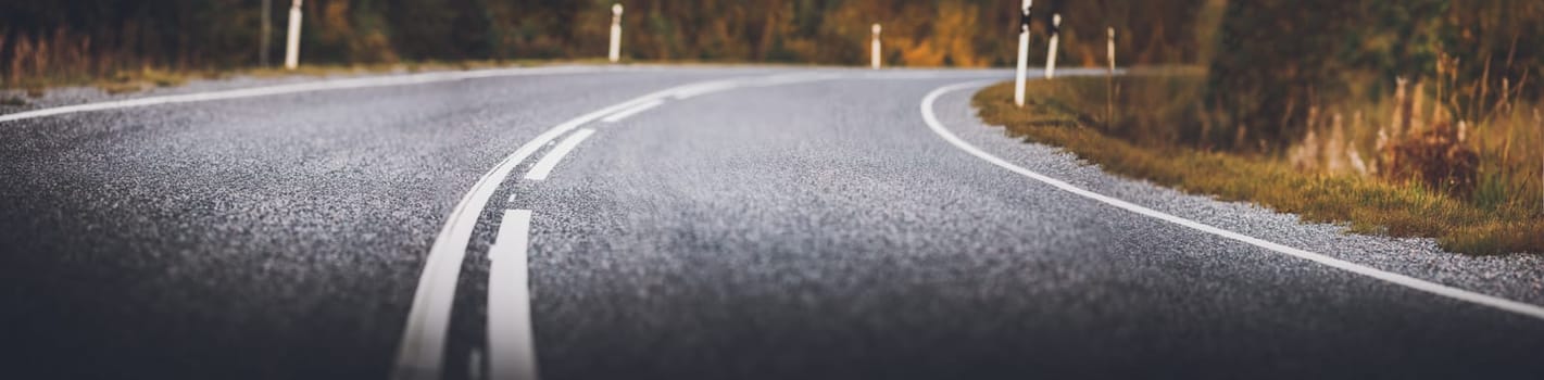 Asphalt road panorama in countryside on sunny summer day. Route with white dividing lines in beautiful nature landscape.