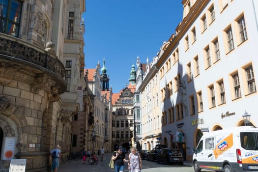 DRESDEN,  GERMANY - JUNI 17, 2021:.Dresden, Germany - Juni 14, 2021:.Dresden cityscape with cathedral, and Elbe river, Saxony, Germany
