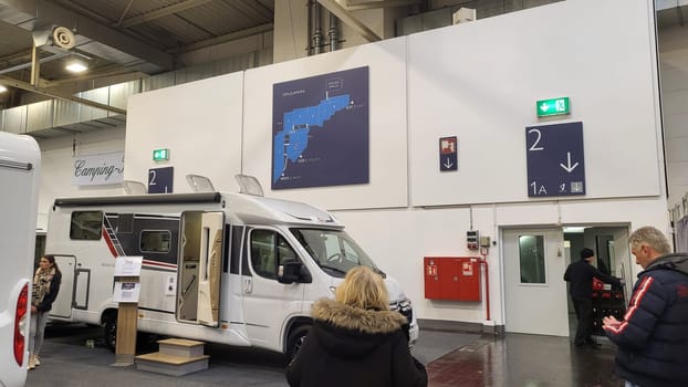 .Essen, Nrw, Germany - February 22, 2023:.Motorhomes at an exhibition for camping and travel in the city of Essen