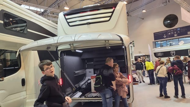 .Essen, Nrw, Germany - February 22, 2023:.Motorhomes at an exhibition for camping and travel in the city of Essen
