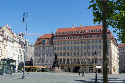 DRESDEN,  GERMANY - JUNI 17, 2021:.Dresden, Germany - Juni 14, 2021:.Dresden cityscape with cathedral, and Elbe river, Saxony, Germany