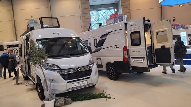 .Essen, Nrw, Germany - February 22, 2023:.Motorhomes at an exhibition for camping and travel in the city of Essen