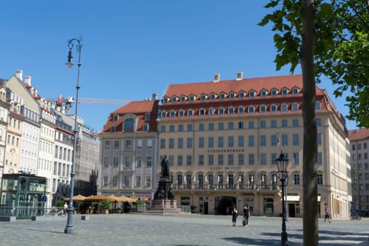 DRESDEN,  GERMANY - JUNI 17, 2021:.Dresden, Germany - Juni 14, 2021:.Dresden cityscape with cathedral, and Elbe river, Saxony, Germany