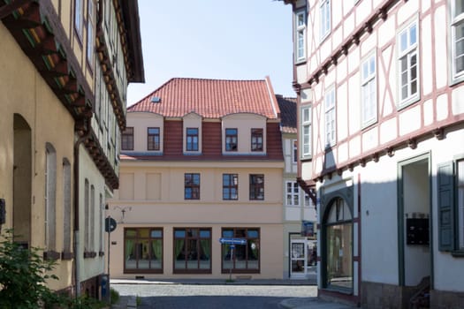 QUEDLINGBURG, GERMANY - JUNE 18, 2021:.Quedlinburg, Germany - June 18, 2021:.Cityscape of medieval city Quedlinburg