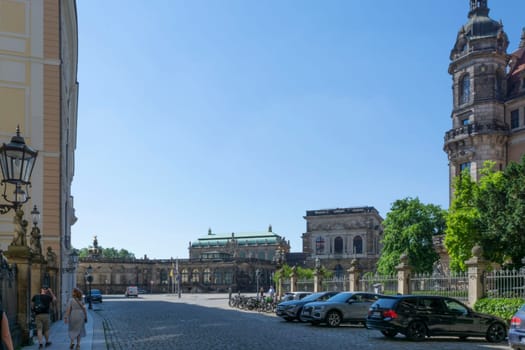 DRESDEN,  GERMANY - JUNI 17, 2021:.Dresden, Germany - Juni 14, 2021:.Dresden cityscape with cathedral, and Elbe river, Saxony, Germany