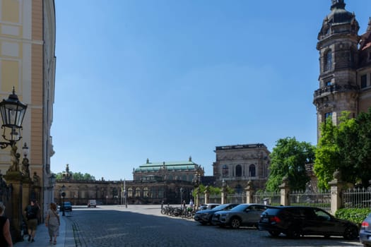 DRESDEN,  GERMANY - JUNI 17, 2021:.Dresden, Germany - Juni 14, 2021:.Dresden cityscape with cathedral, and Elbe river, Saxony, Germany