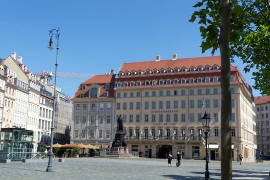 DRESDEN,  GERMANY - JUNI 17, 2021:.Dresden, Germany - Juni 14, 2021:.Dresden cityscape with cathedral, and Elbe river, Saxony, Germany