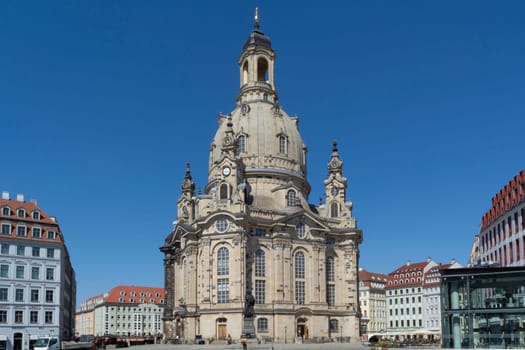 DRESDEN,  GERMANY - JUNI 17, 2021:.Dresden, Germany - Juni 14, 2021:.Dresden cityscape with cathedral, and Elbe river, Saxony, Germany