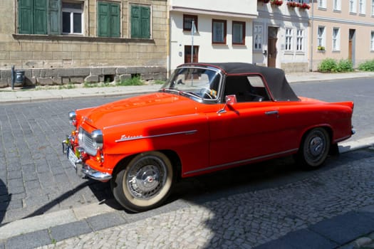 QUEDLINGBURG,  GERMANY - JUNI 18, 2021:.Quedlinburg, Germany - Juni 18, 2021:.Skoda Felicia Cabriolet, vintage cabrio from czech republic in the City of  Quedlinburg