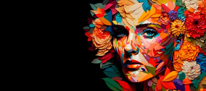 Woman portrait made from flowers and plants.Woman portrait in cubism style colorful illustration . Copy space.Generative AI.