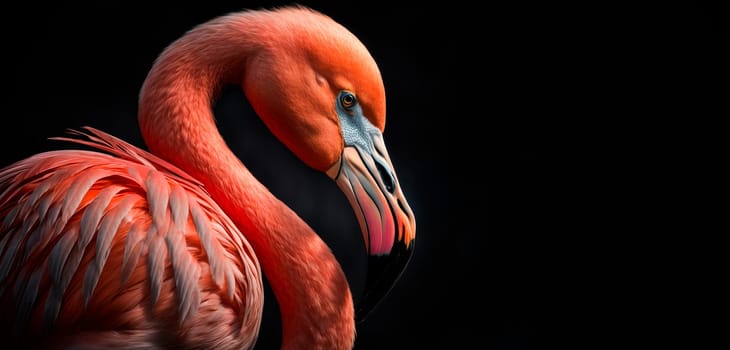 Detailed portrait of Flamingo illuminated by sunlight  on black background. Copy space.AI generated.
