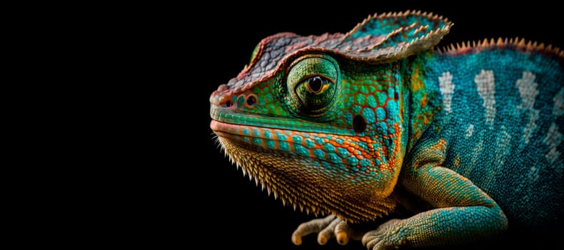 Beautiful chameleon panther, colorful chameleon panther on black background, chameleon panther closeup. Copy-space.AI generated.