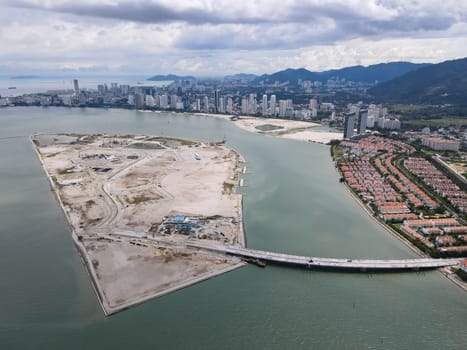 Gurney, Penang, Malaysia - Oct 20 2021: Aerial view reclamation island of Gurney Wharf project in Penang