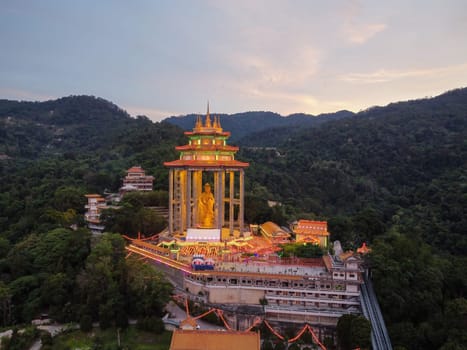 Ayer Itam, Penang, Malaysia - Feb 20 2022: Kek Lok Si Goddess of Mercy pavilion during blue hour